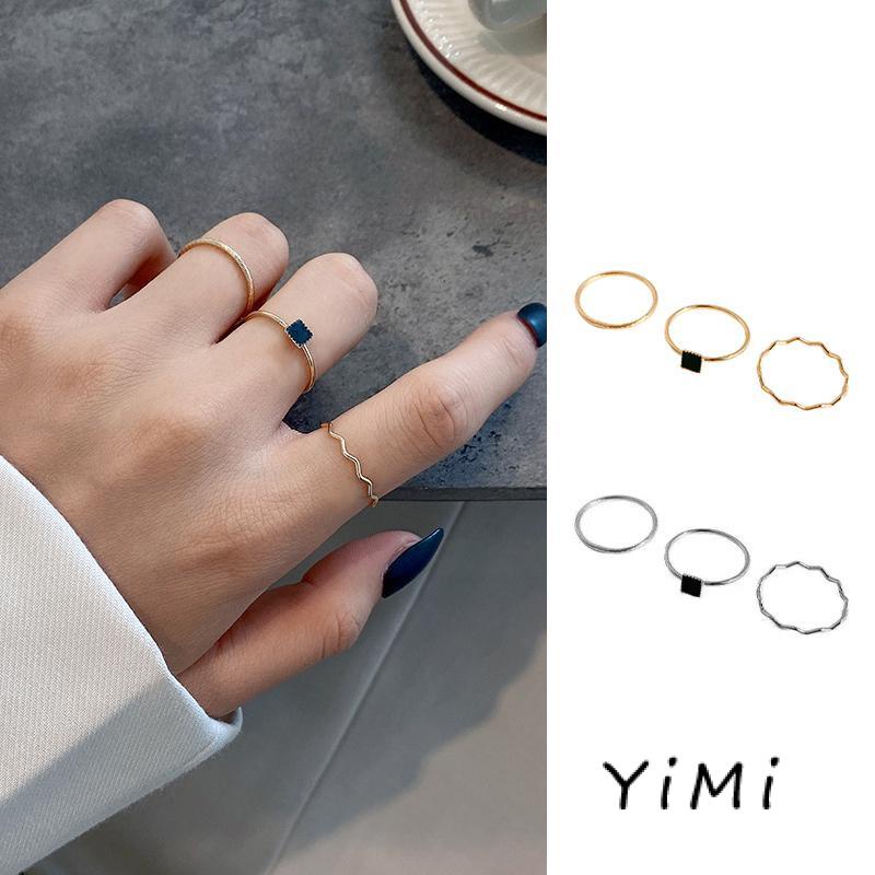 Nhẫn Ba Mảnh Đính Đá Zircon Đen Thiết Kế Đơn Giản Chất Lượng Cao Thiết Kế Niche Hình