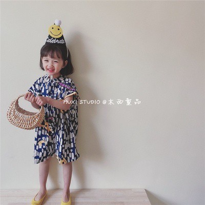 Jumpsuit Cộc Tay Dáng Rộng In Họa Tiết Graffiti Kiểu Hàn Quốc Thời Trang Mùa Hè Cho Bé Gái