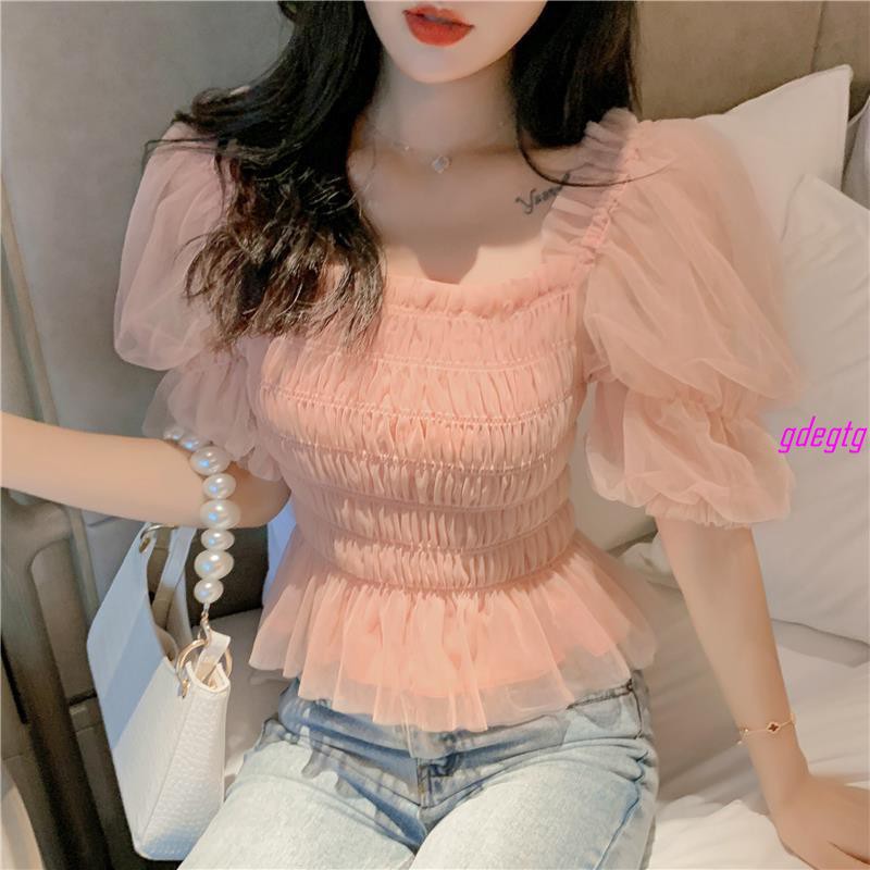 Áo Voan Tay Phồng Cổ Vuông Ôm Eo Phong Cách Hàn Quốc Thời Trang Quyến Rũ Cho Nữ