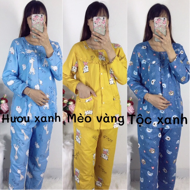 Đồ bộ sau sinh cho con bú chất kate thái, dài tay mặc nhà mùa hè, màu đẹp, có size cho mẹ bầu 48-85kg