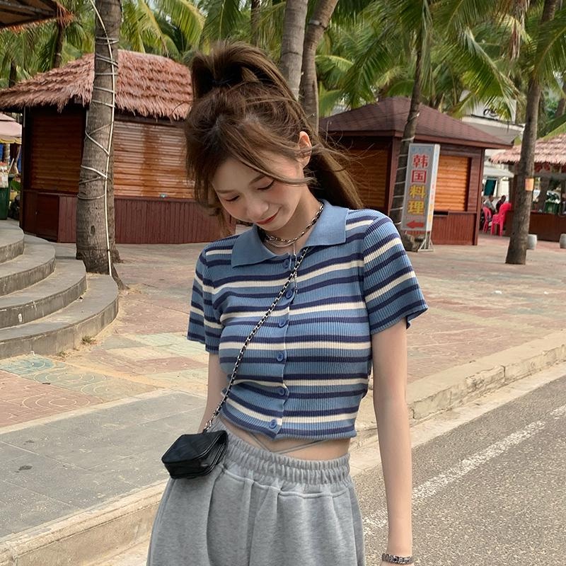 Áo cardigan ZHELIHANGFEI dệt kim ngắn tay cổ bẻ họa tiết kẻ sọc thời trang