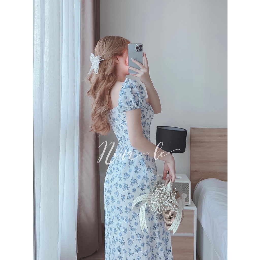 Váy Nữ Hoa Nhí Xanh Nhún Ngực Tay Bồng Xẻ Tà Sexy, Đầm Xanh Midi Trễ Vai Cổ Vuông Thắt Nơ Ở Ngực