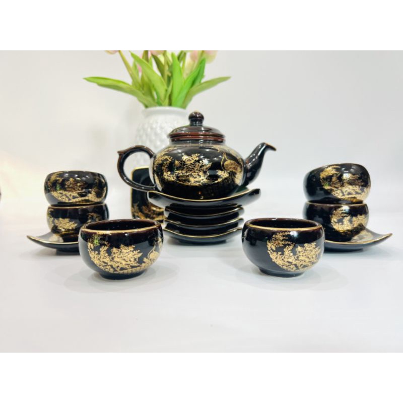 Ấm chén bát tràng - bộ quả hồng hỏa biến vẽ công hoàng kim