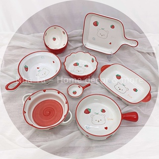 Đĩa sứ, bát ăn cơm đẹp, chén dĩa cao cấp họa tiết gấu dâu dễ thương màu đỏ