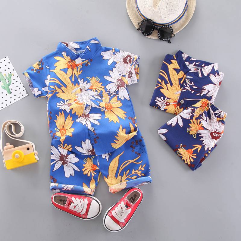 Thời trang nam mùa hè trẻ em ngắn tay phù hợp với bé trai in áo sơ mi ngắn tay + quần short 2 mảnh