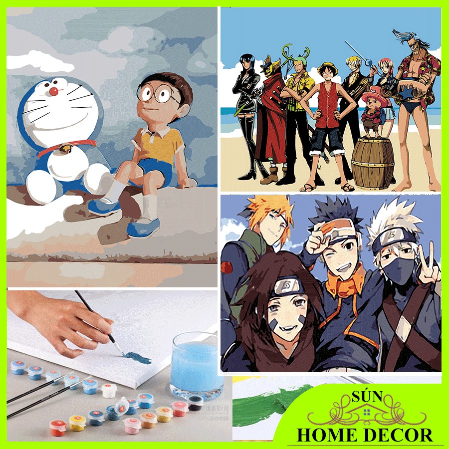 Tranh sơn dầu số hóa rẻ,đẹp,khung gỗ 40 x 50cm,Tranh tự tô màu theo số hoạt hình doremon naruto