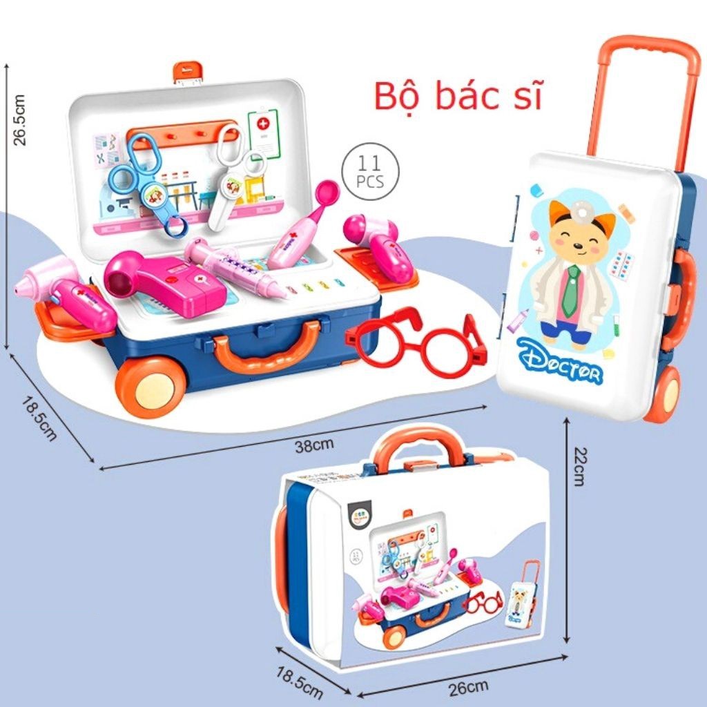 Bộ đồ chơi nấu ăn, trang điểm, bác sĩ bằng nhựa cao cấp kèm vali kéo tiện dụng cho bé - Dinobaby