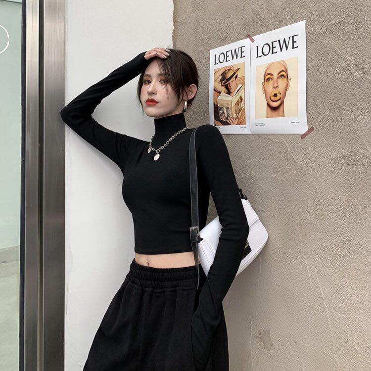 Áo Croptop Tay Dài Cổ Lọ Dáng Ôm, Gân Tăm, Co Giãn Phong Cách Hàn Quốc -O'Hana ClothingsA016