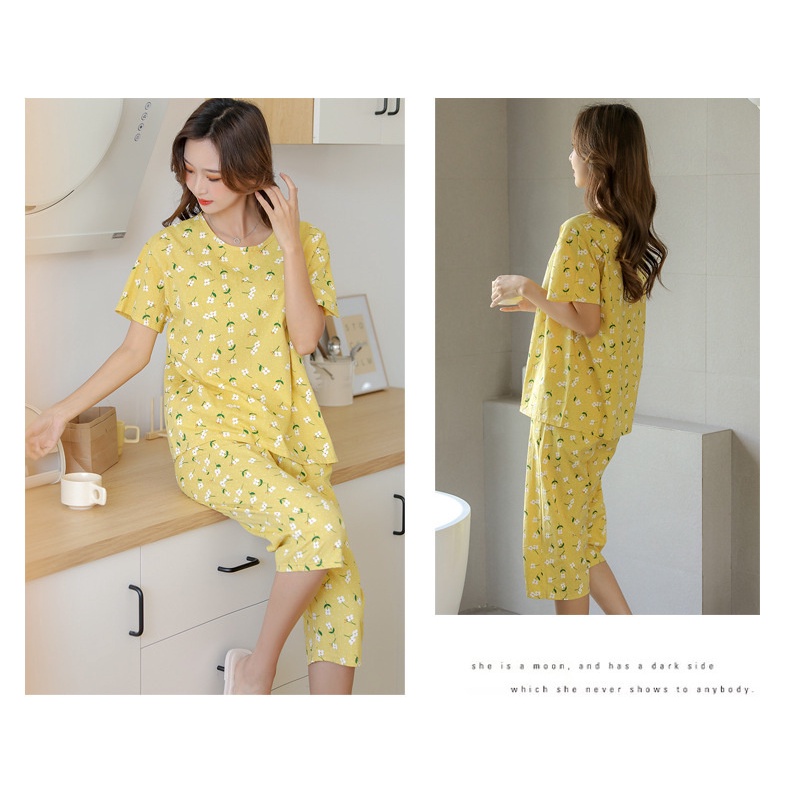 Bộ Đồ Ngủ Ngắn Tay Bằng Vải Cotton Họa Tiết Hoa Phong Cách Nhật Bản Dành Cho Nữ