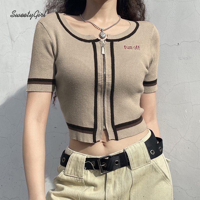 Áo Thun Tay Ngắn Cổ Tròn Màu Trơn Có Khóa Kéo Thêu Chữ Thời Trang 2022 Cho Nữ