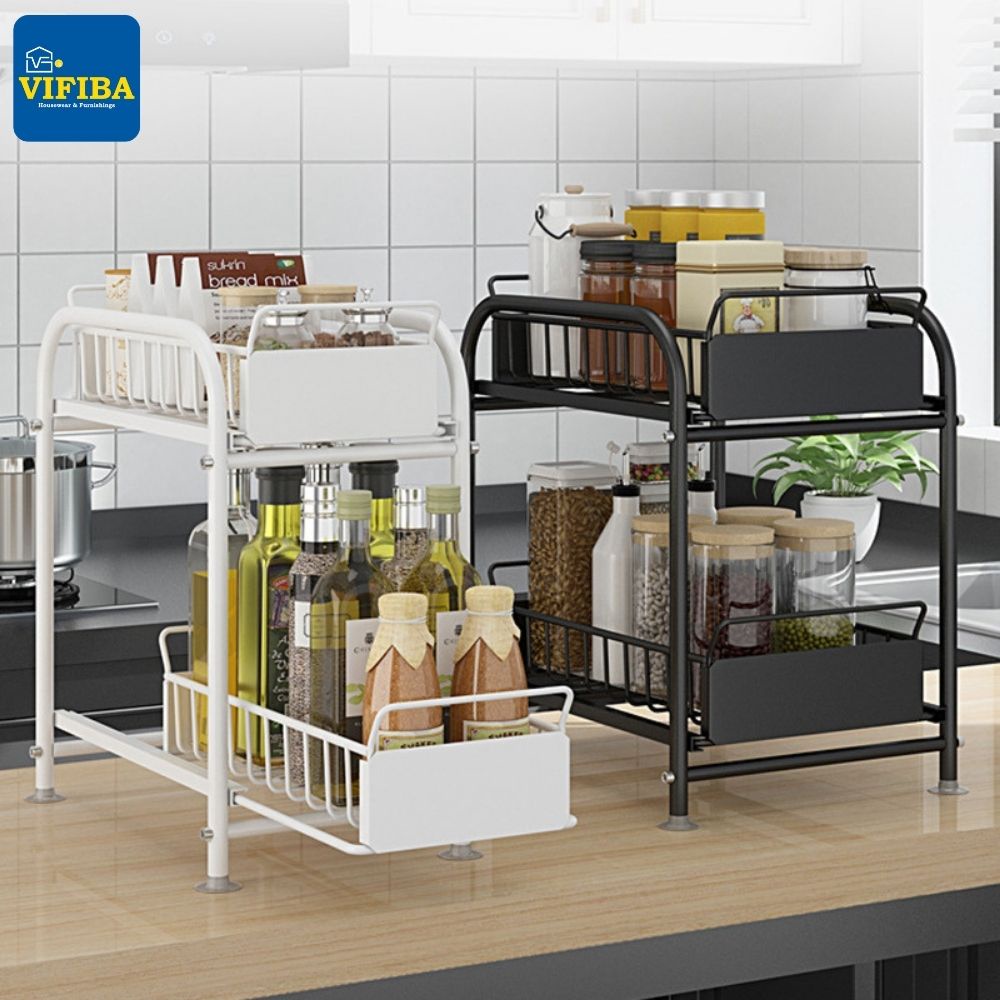 Kệ gia vị trượt đa năng VIFIBA Dạng ngăn kéo 42x36x28,5cm Thép carbon chống gỉ Sơn tĩnh điện Màu đen trắng