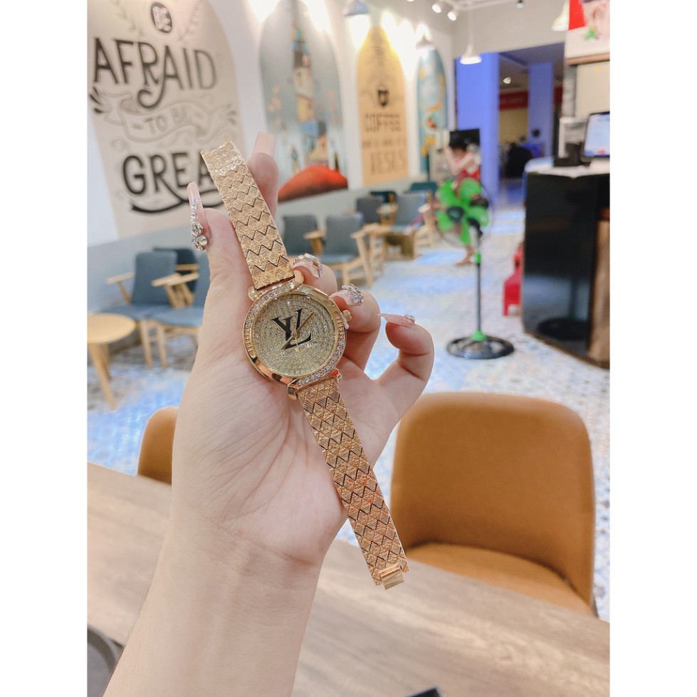 Đồng hồ nữ LV dây thép ko rỉ mặt tròn đính full đá thời thượng hợp trend giới trẻ, chống nước, bảo hành 12 tháng