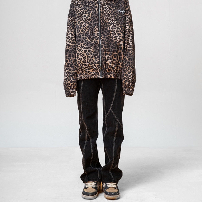 Nhà Máy Mới Guochao Quần Jean Ống Rộng Xẻ Tà retro Đường Phố Cao Cấp Cho Nam Nữ