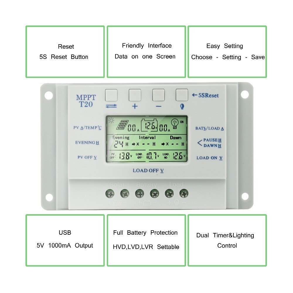 Bộ Điều Khiển Sạc Năng Lượng Mặt Trời MPPT 10 20 30 40A Màn Hình LCD 12V 24V