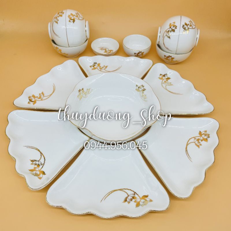 Bộ bát đĩa vẽ sen vàng kim , bộ đồ ăn hoa mặt trời gốm sứ Bát Tràng , đk 48 cm