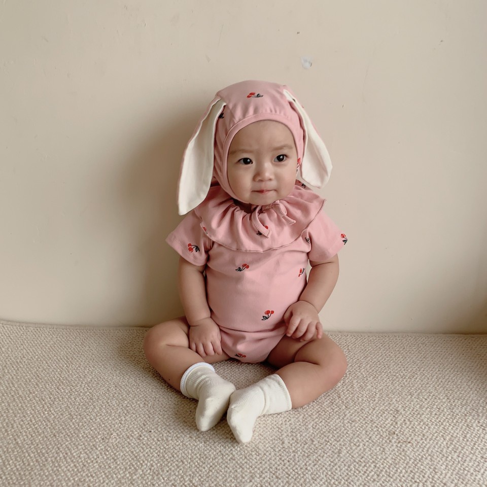 Bộ Áo Liền Quần Tay Ngắn + Mũ Tai Thỏ Thời Trang Mùa Hè Cho Bé Gái Sơ Sinh