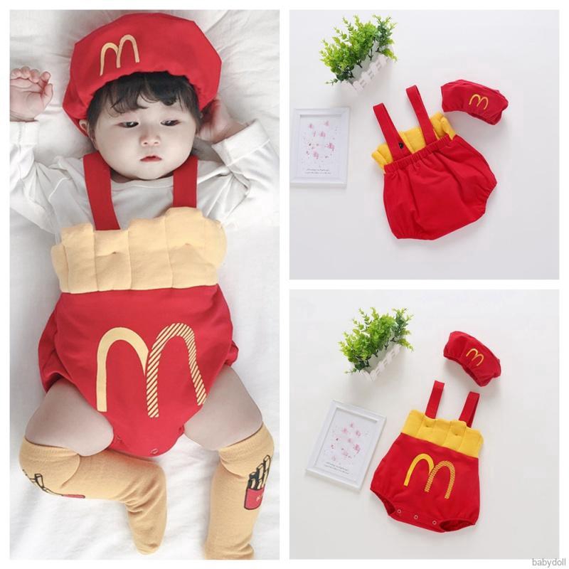 Baby Boys Girl Cute Sleeveless French Fries Covered Button Suspender Romper With Hat Baby Set