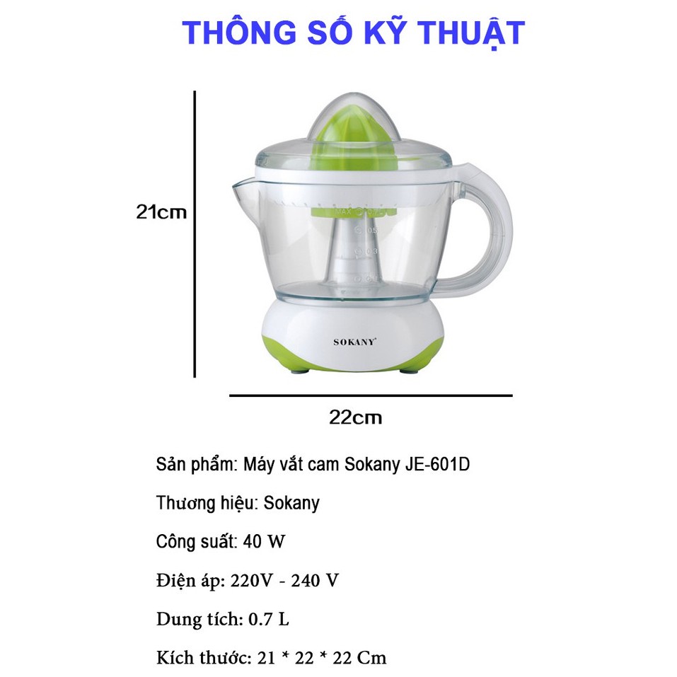 Máy Vắt Cam SOKANY JE-601D  Vắt xoay 02 chiều và đảo chiều tự động Thông minh, Dung tích chứa lớn 700ml, Vắt siêu nhanh