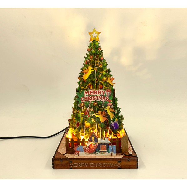 Thiệp 3D Bìa gỗ Cây Thông Noel TẶNG Kèm hộp đèn Led chiếu sáng mô hình