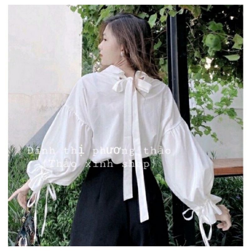 áo sơ mi tay bồng cổ bẻ cột nơ sau