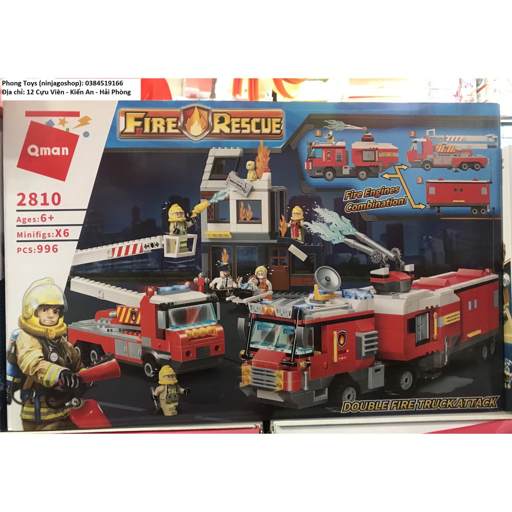 Lắp ráp xếp hình lego QMAN 2810 chính hãng 996 PCS: Bộ lính cứu hỏa và ô tô đang chữa cháy