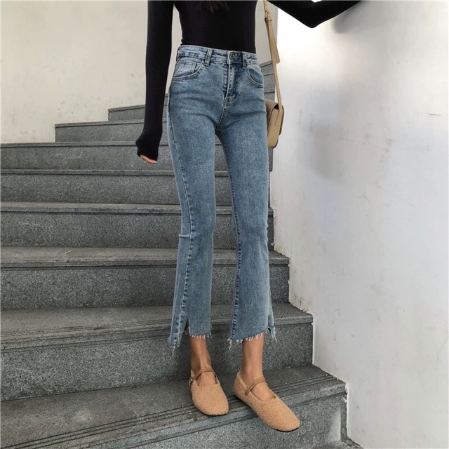 (Order) có bigsize Quần jeans ống loe xẻ lệch 2019