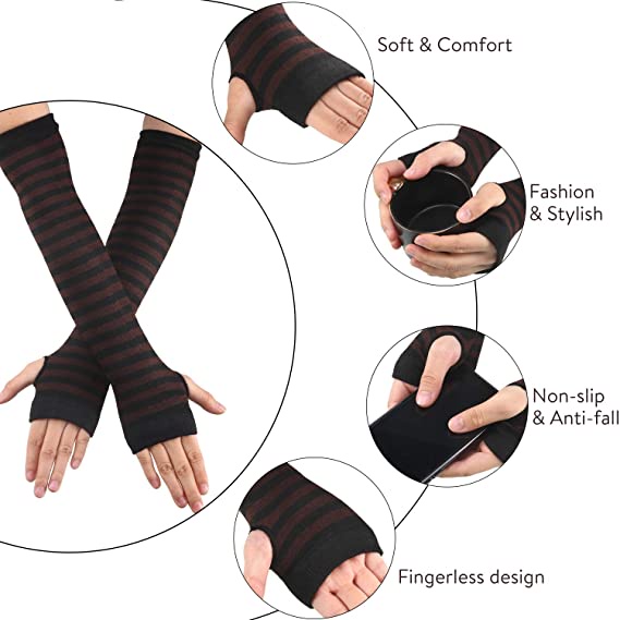 Găng Tay Dài Hở Ngón Chất Liệu Cotton Co Giãn Họa Tiết Kẻ Sọc Phong Cách Anime Thời Trang Cho Nữ