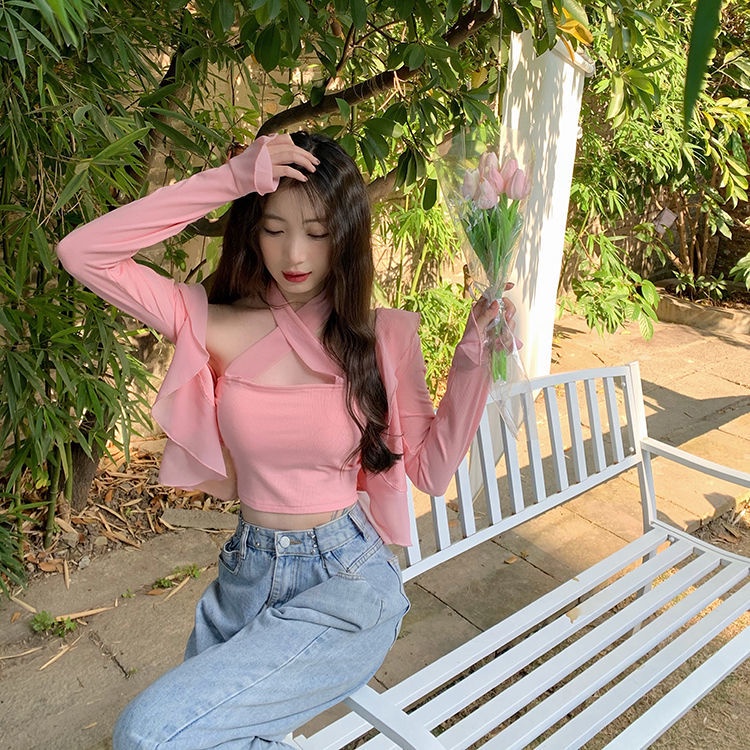 Jiashucheng Áo Hai Dây Thắt Nơ + Áo Khoác Cardigan Chống Nắng Ngọt Ngào Dễ Phối Đồ Phong Cách Nhật Bản