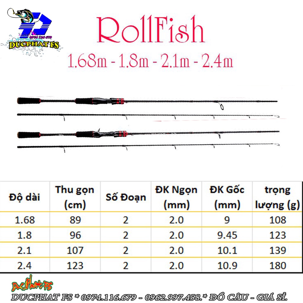 Cần câu lure máy ngang , máy đứng RollFish 1m68 - 2m4 đầu bu chống xoắn.