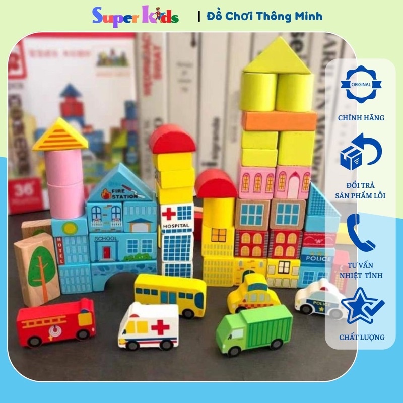 Bộ Mô Hình Giao Thông Đô Thị Bằng Gỗ Cho Bé Thỏa Sức Sáng Tạo ( hộp 62 chi tiết)