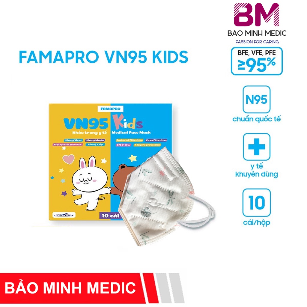 [Mua lẻ giá sỉ] Khẩu trang y tế chính hãng cao cấp 4 lớp Famapro VN95 cho trẻ từ 3 đến 10 tuổi (10 cái/hộp)