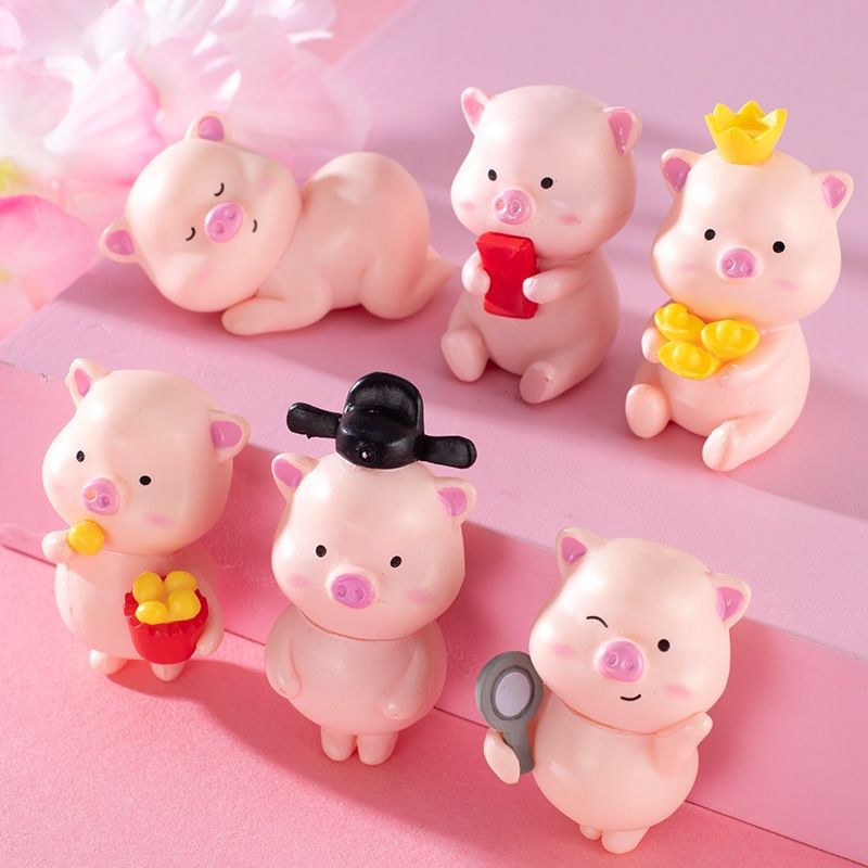 Set 6 mô hình heo tài lộc may mắn dễ thương tiểu cảnh bày bàn làm việc, tủ sách