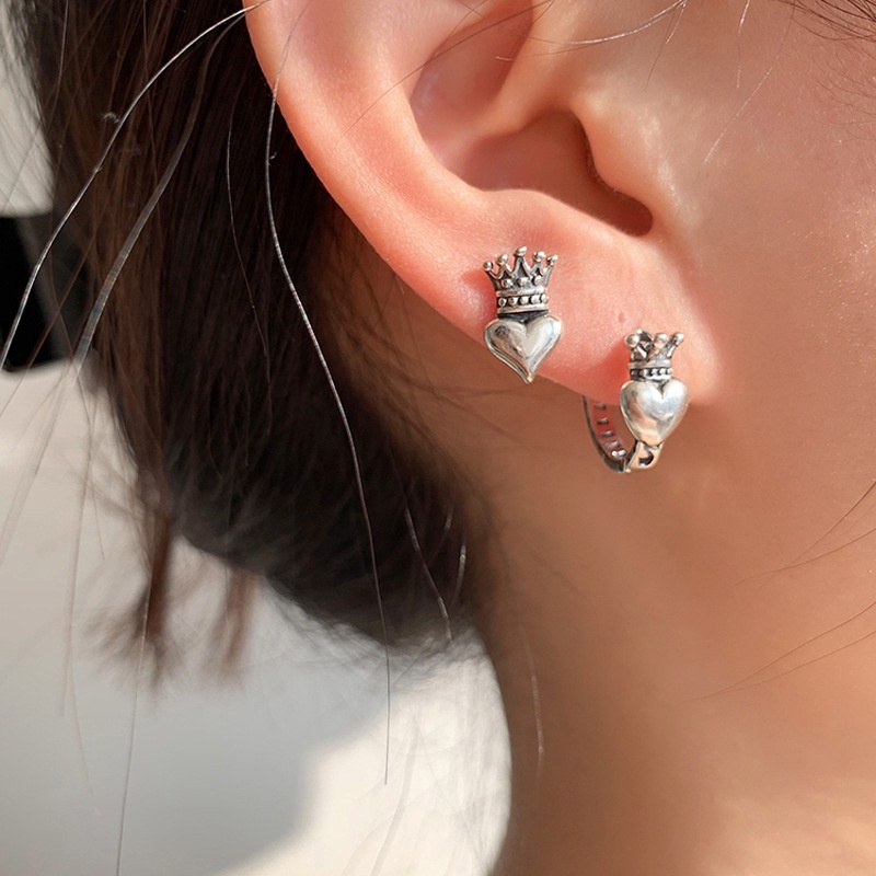 Bông tai hình trái tim, bông tai Crown, bông tai Hàn Quốc độc đáo, bông tai nữ cá tính thời trang, bông tai kim bạc hip-hop