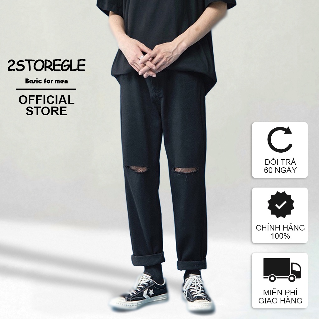 Quần Baggy Jeans Nam Đen Rách Gối Dáng Đứng Ống Rộng Suông 2STOREGLE Chất Đẹp Không Phai Màu Không Bai Gião