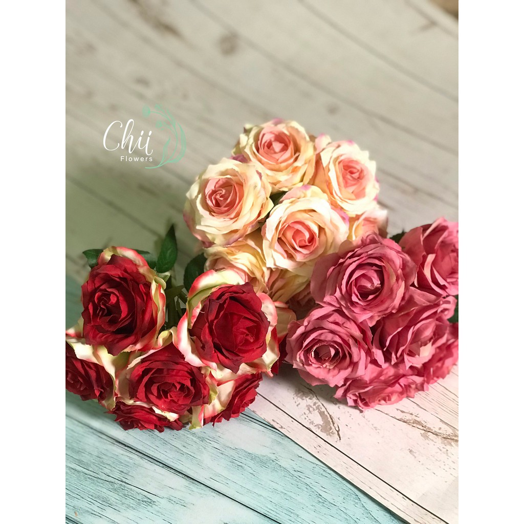 Hoa giả hoa lụa - Cành hoa hồng  cao cấp nhập khầu trang trí nội thất Hà Nội đẹp Chiiflower CH70
