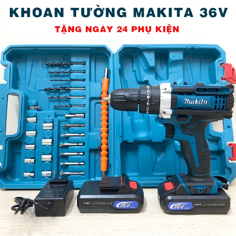 Máy khoan pin 36V Makita 3 chức năng có búa - kèm 24 chi tiết gồm các mũi khoan + Mũi bắt vít