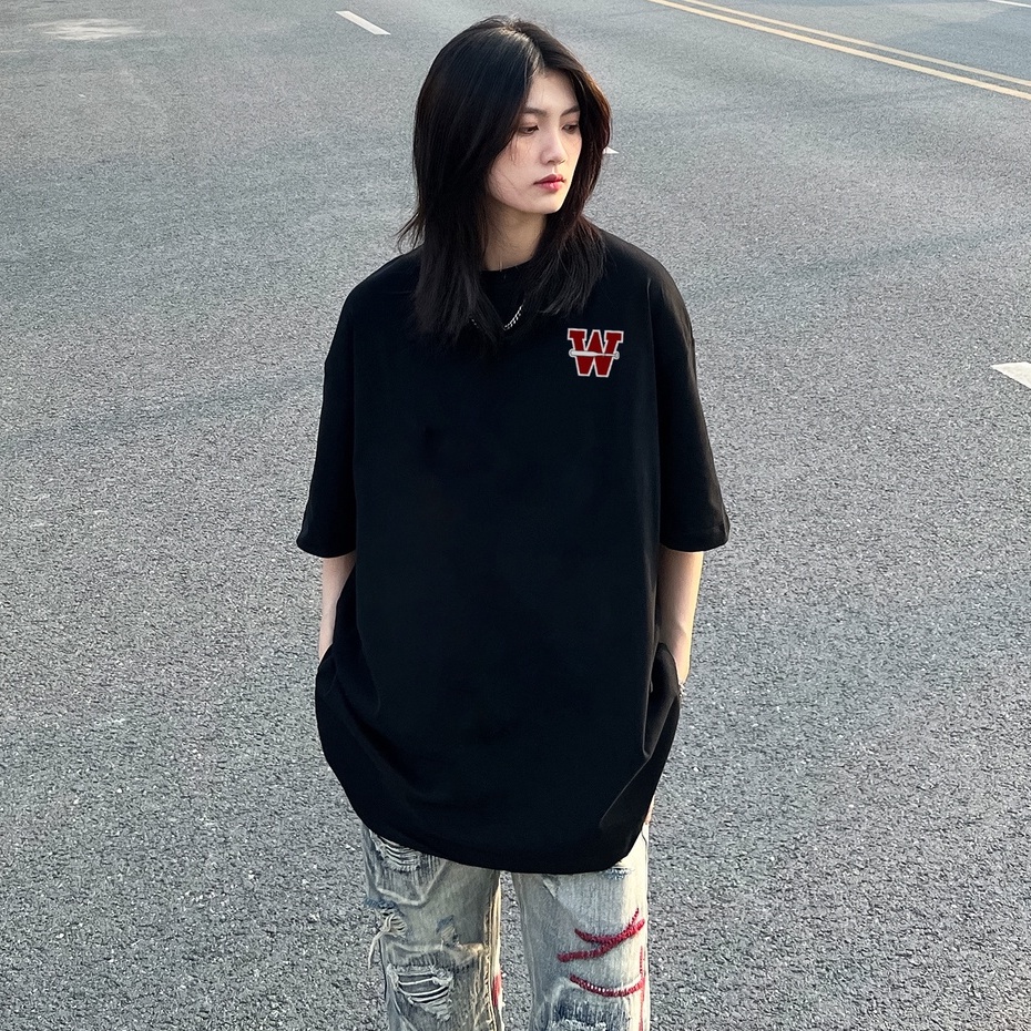 Áo phông rộng nữ W vintage cổ tròn đen áo unisex áo thun tay lỡ 100% cotton