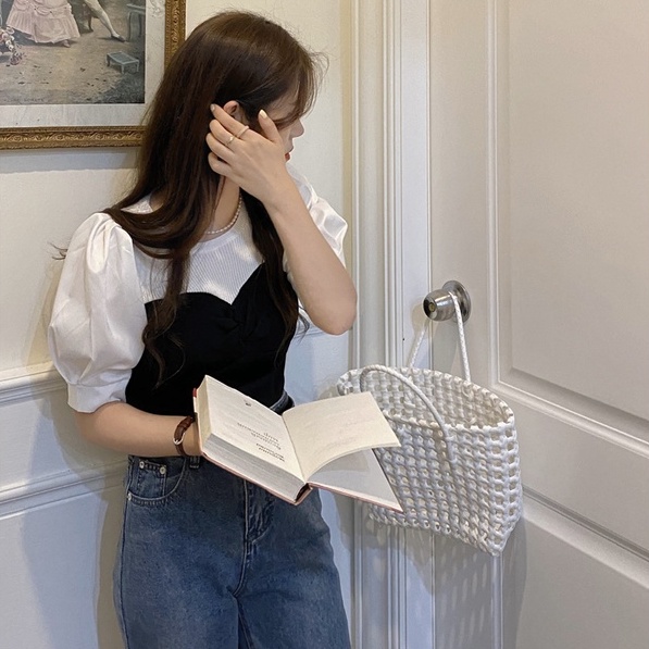 Áo thun nữ ZHELIHANGFEI giả hai lớp tay ngắn phồng phong cách Pháp thời trang mùa hè 2022