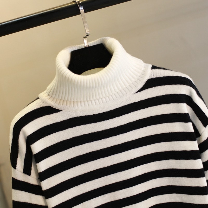 Áo Sweater Chui Đầu Eo Cao Kẻ Sọc Đen Trắng Dễ Thương Cho Nữ