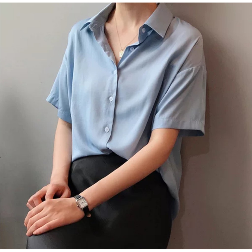 Áo sơ mi form rộng tay ngắn tay lỡ unisex nam nữ cá tính form Hàn Quốc vải lụa màu trắng đen xanh-MRN01