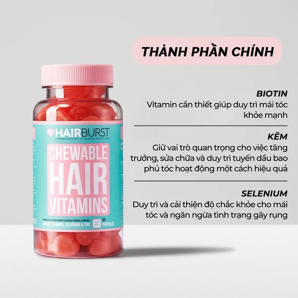 Vitamin Mọc Tóc Hairburst Chewable Hair Vitamins 60 Giúp Tóc Nhanh Dài Và Chống Rụng – Dạng Kẹo Thơm Ngon Hương Dâu