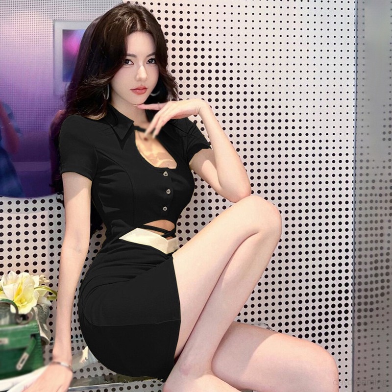 Đầm Tay Ngắn Dáng Ôm Màu Sắc Khối Lập Phương Gợi Cảm Phong Cách Hàn Quốc Dành Cho Bạn Nữ