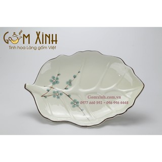 Đĩa lá bỏng men kem hoa đào vẽ tay_Đĩa sứ bộ đồ ăn Bát Tràng