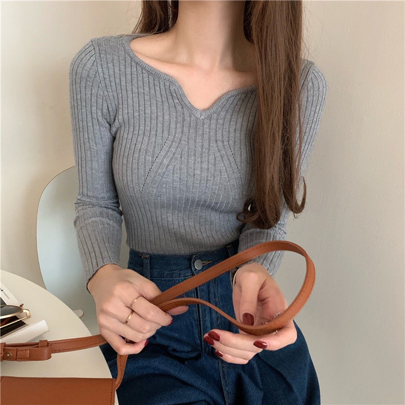 Áo len dài tay cổ chữ V thiết kế dáng ôm thời trang thu đông cho nữ