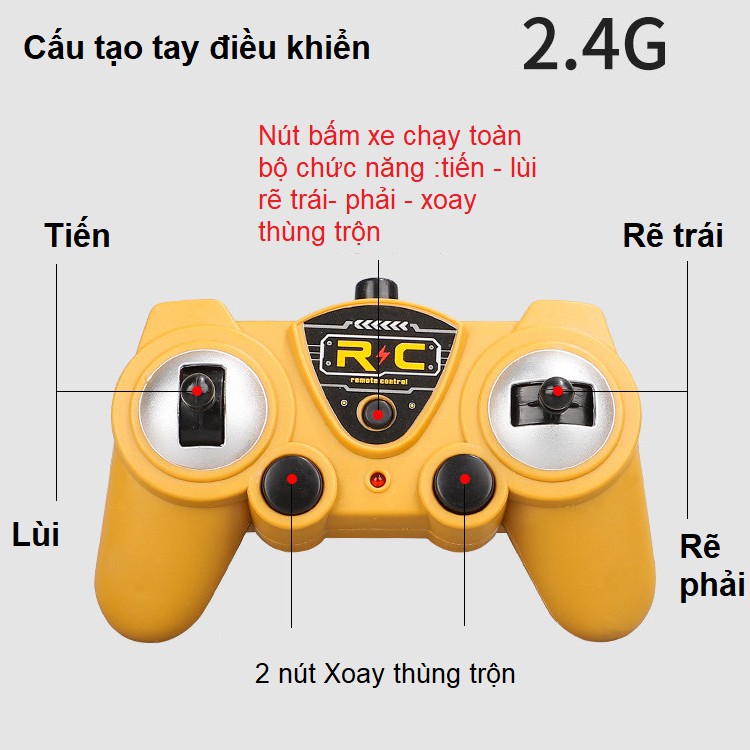 Xe trộn bê tông điều khiển từ xa đồ chơi trẻ em mô hình xe bằng nhựa tỉ lệ 1:24 có đèn xoay được thùng trộn