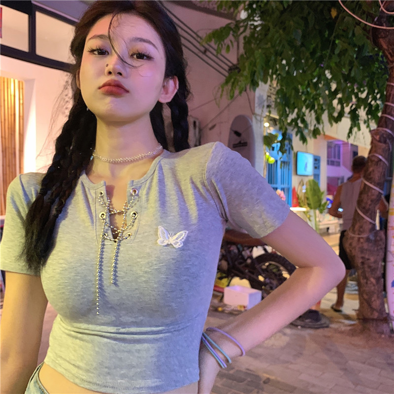 IELGY Áo Thun Nữ Ngắn Tay Cổ Chữ V Hở Eo Thời Trang