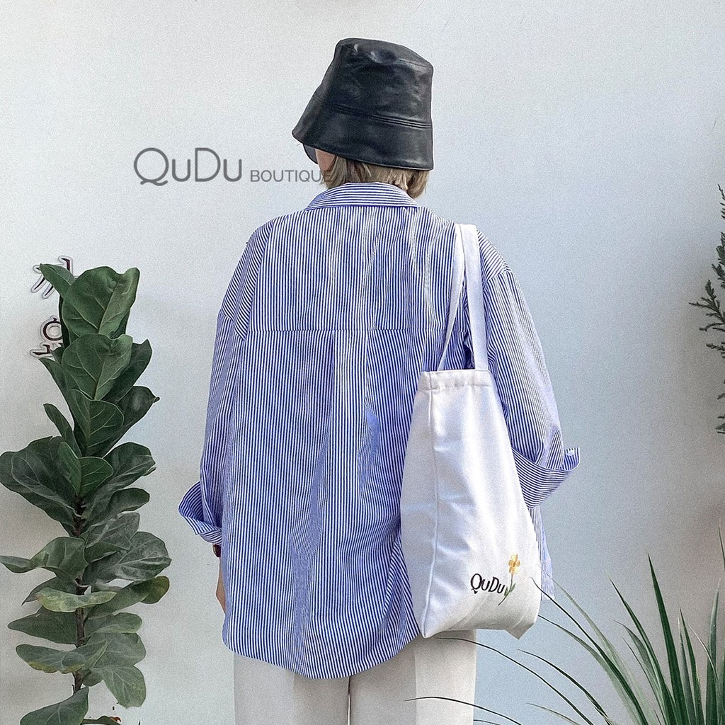 [Mã FAMARAL1 giảm 10K đơn 50K] [HOT TREND] Áo Sơ Mi Nữ QuDu, Sơ Mi Sọc Xanh Dáng Rộng Freesize Đồ Đi Biển Mùa Hè 2021