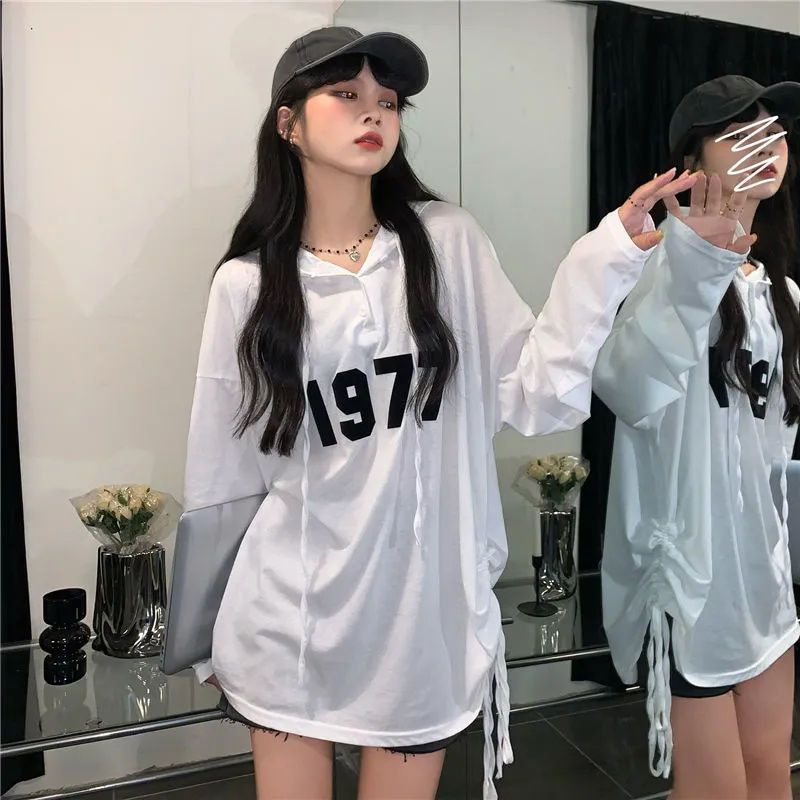 Jiashucheng Áo Thun Tay Dài Chống Nắng Mỏng Có Nón Dáng Rộng In Chữ Phong Cách Lười Mùa Hè Cho Nữ