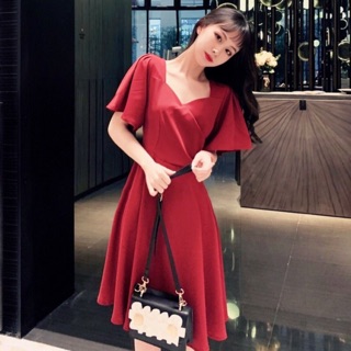 Đầm váy đỏ cổ V xếp li eo (kèm hình thật)