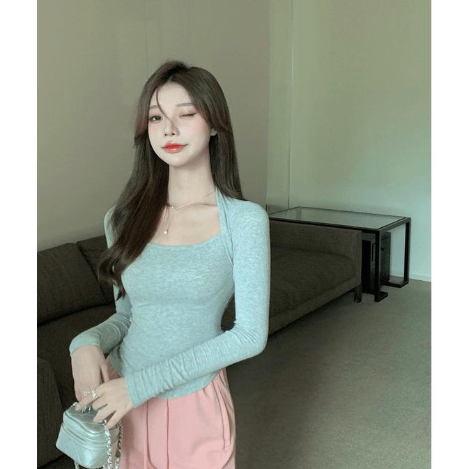 Áo thun COZOKC tay dài cổ vuông màu trơn thiết kế ôm sát tôn dáng thời trang